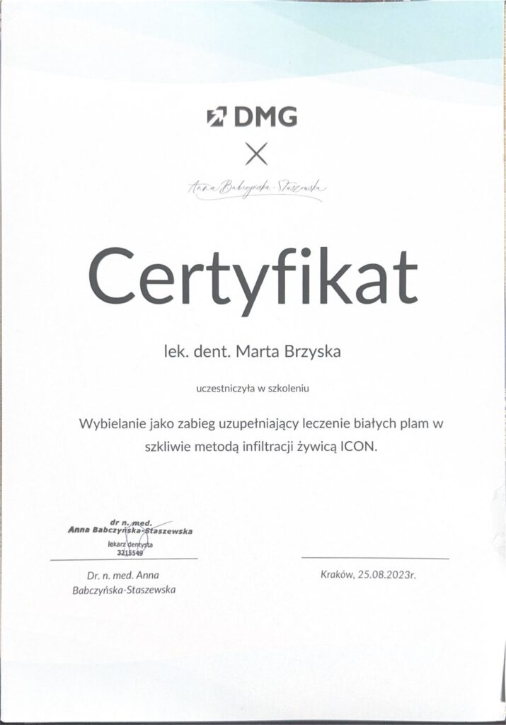Certyfikat szkolenia DMG – wybielanie jako zabieg uzupełniający leczenie białych plam w szkliwie metodą infiltracji żywicą ICON, lek. dent. Marta Brzyska, Kraków 2023